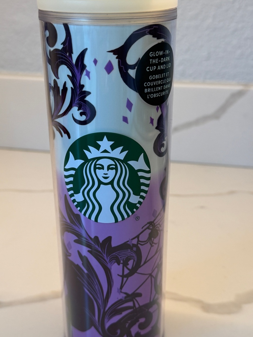 NWT Starbucks Halloween 2021 Glow in the Dark Purple Cat Spider Web Tumbler 16oz - Picture 2 of 10